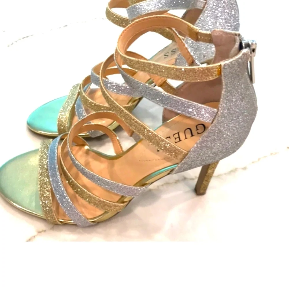 Guess Strappy Pumps Gold & Silver Straps  Stiletto Heels sz 8M